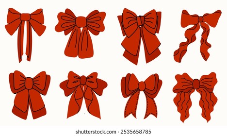 Conjunto de diferentes arcos rojos lindos. Arcos de seda dibujados a mano. Cintas de regalo de moda, decoración de caja de regalo de vacaciones. Bowknots en estilos planos y dibujados a mano. 