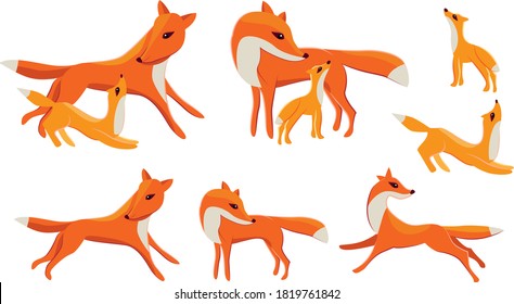 Set with different cute red foxes