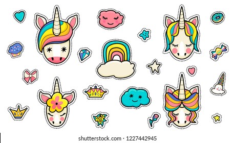 Set of different cute stickers unicorn faces with decorations on a white background. set with rainbow, donut, ice cream, clouds for stickers. Dreams unicorn with a bright colored, vector illustration.