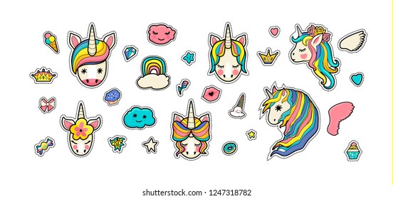 Set of different cute stickers unicorn faces and decorations on a white background. set with rainbow, donut, ice cream, clouds for stickers. 