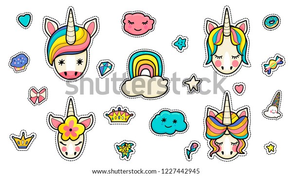 Set Different Cute Stickers Unicorn Faces Stock Vector (Royalty Free ...