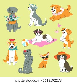 Set of different cute summer dogs. Vector graphics