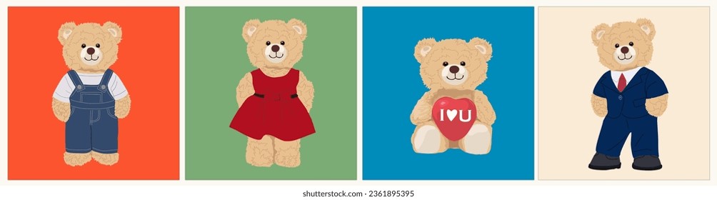 Set of different Cute Teddy Bear characters, boy, girl, baby bear with heart. Adorable children's cartoon toys for birthday, Valentine's Day greeting card, invitation, sticker. Vector illustrations