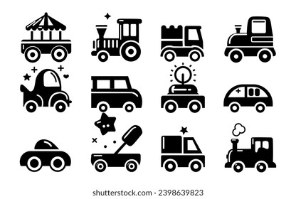 Set of different cute toy car icons. simple vector toy car icons illustrations for kids , children's clothes, posters, invitations, cards, games.