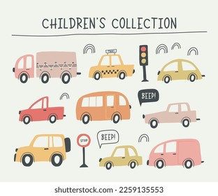 Set of different cute transport in flat style. Colorful cartoon simple vector illustrations in scandivaian style for kid's rooms, children's clothes, posters, invitation, cards, games.