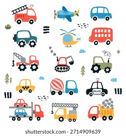 Set of different cute transport in flat style. Cartoon simple cars in scandinavian style. Cargo cars vector collection isolated on white background. Childish vehicle for kid s rooms