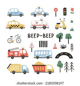 Set of different cute transport and traffic elements. Colorful cartoon hand drawn illustrations for kid clothes, posters, invitation. Simple kid clipart. svg