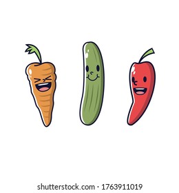 Set of different cute vegetable characters. Vector illustration isolated on white background and cartoon style. Isolated vector illustration icons set