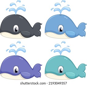 Set of different cute whale cartoon characters illustration