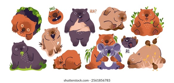 Set of different cute wombats. Happy Australian animal sleeps, eating, greeting. Funny fluffy national symbol of Australia has a rest, fun. Flat isolated vector illustrations on white background.