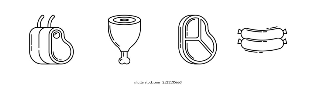 Conjunto de diferentes cortes de carne linha ícones, bife, perna de frango, salsicha e corte de carne