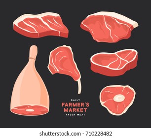 Set different cuts of meats. Pictures for concept of farmer's market and shop. Vector Illustration.