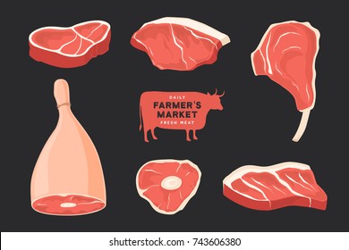 Set different cuts of meats. Pictures for concept of farmers market and shop. Cow label with an inscription daily fresh meat . Vector Illustration.