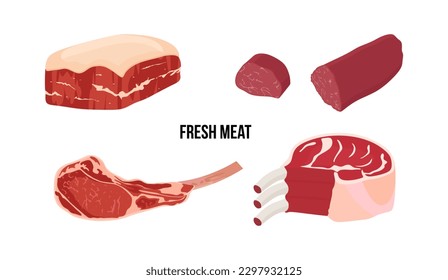 Set of different cuts of meats. Pork belly, Boneless and fatty cut of meat from the belly of a pig. Beef fillet, fresh tenderloin steak. Piece of chop lamb with bone. Meat steak on rib glyph. Vector