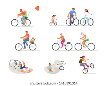 Set of different cyclist. Old people, children, adult on bicycle and cycle incident. Flat Art Vector illustration