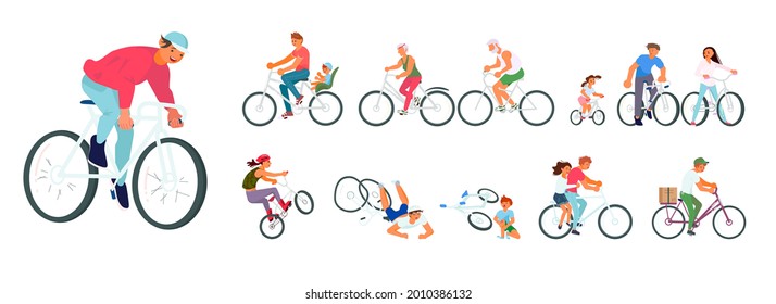 Set of different cyclist in various situations. Elderly and young people, children, adult on bicycle and cycle incident. Flat Art Vector illustration