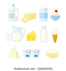 Set of different dairy products in a flat style. Vector illustration isolated on white background.