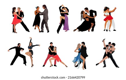 Set of different dancing couple. Young men and women in formal outfit dancing Latina Dance. Male and female cartoon characters performing dance at school or party. Vector art illustration isolated . 