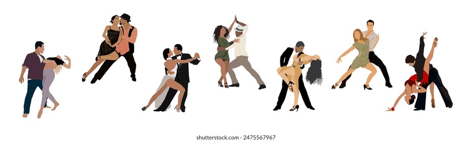 Set of different Dancing Couples, Dancers Tango, Salsa, Bachata, Flamenco, Latina Dance. Young men and women in dance poses. Vector realistic illustration isolated on white background.