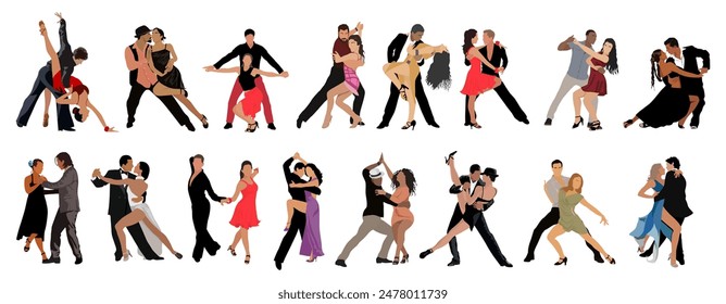 Set of different Dancing Couples, Dancers Tango, Salsa, Bachata, Flamenco, Latina Dance. Young men and women in dance poses. Vector realistic illustration isolated on white background.