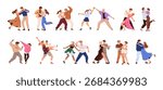 Set of different dancing pairs. Happy couples of dancers perform step, swing and waltz. Talented people move by music, show performances. Flat isolated vector illustrations on white background