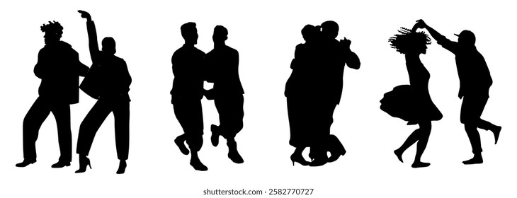 Set of different dancing people black silhouettes. Couple in dancing poses hand drawn vector illustrations isolated on white background