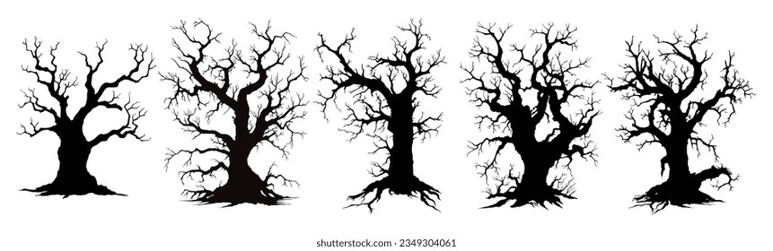 Set of different dead tree silhouette on white