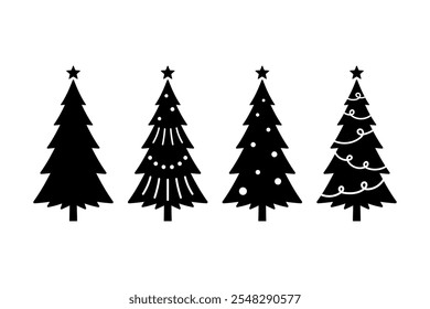 Set of different decorated Christmas trees. Black silhouette. Front side view. Vector simple flat graphic illustration. Isolated object on white background. Isolate.