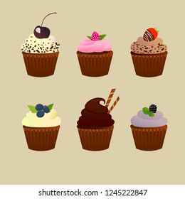 Set of different decorated cupcakes