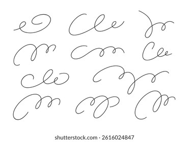 A set of different decorative abstract doodle lines of curls, swirls, strokes, hand-drawn, black and white vector illustration. Swirled element curl for decoration, design, separation, calligraphy