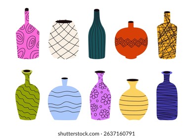 Set of different decorative bottles and ceramic vases with graphic pattern. Retro pop art style. Bright neon color of the 80s. Vector illustration in 80s pop art cartoon style.