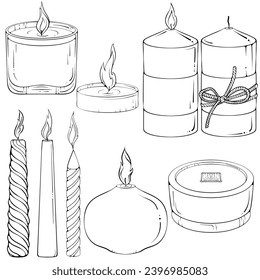 Variedad de velas decorativas. vela de aromaterapia Spa. Elemento de diseño simple. Ilustraciones del vector de contorno negro en el estilo de esbozo dibujado a mano aisladas en blanco