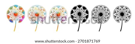 A set of different decorative dandelions. Hand drawn. Not AI
