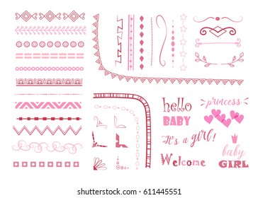 set of different decorative elements for baby shower invitation card. page decoration elements