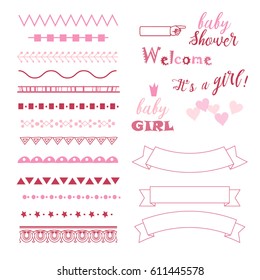 set of different decorative elements for baby shower invitation card. page decoration elements