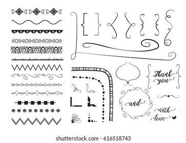 set of different decorative elements. borders, brackets, doodles, frames, wreathsand text dividers.