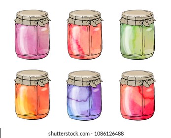 Set of different decorative pots with jam isolated on white background. Watercolor effect