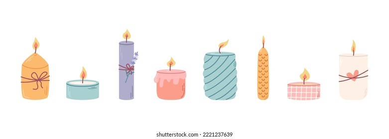 Set of different decorative scented candles in candlesticks for relaxation and spa. Vector flat illustration