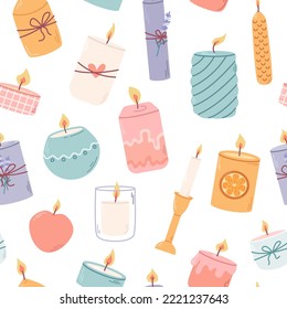 Set of different decorative scented candles in candlesticks for relaxation and spa. Vector seamless pattern in flat style