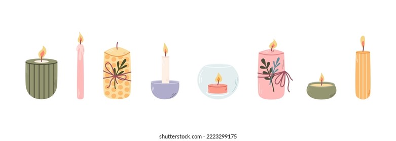 Set of different decorative scented candles in candlesticks for relaxation and spa. Vector flat illustration.