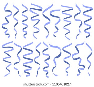 Set of different decorative serpentine, blue ribbon collection without background, vector illustration