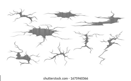 Set of different deep crack on surface monochrome cartoon vector illustration