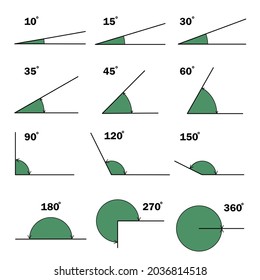 Set of different degrees angles. Geometric mathematical degree angle with arrow and green diagram round shape icon isolated. Educational school geometry learning materials.