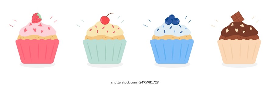 Set of different delicious cupcakes icons. Raspberry, chocolate, cherry and blueberry. Dessert vector illustration design. Isolated on white background.