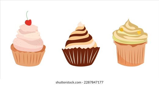 Conjunto de diferentes ilustraciones vectoriales de cupcakes deliciosos. Los pastelitos de caricatura son sabrosos y están pintados en tonos pastel. Colección de postres: pasteles, pastelitos, pastelería, galletas con velas y bayas. Para tarjetas de cumpleaños.