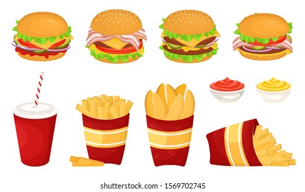 Set of different delicious hamburgers with cutlet, French fries with sauce and soda in a cardboard Cup. Vector illustration of fast food. Junk food.