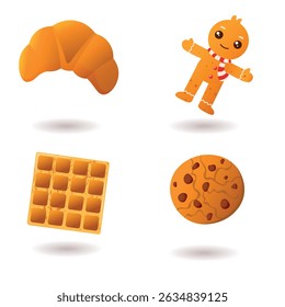 Set of different delicious pastry desserts. Tasty fresh croissant, waffle, chocolate cookie, gingerbread man. Vector illustration of pastry isolated on white background