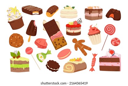 Set of different delicious pastry sweets. Confectionery products, cakes and cookies, ice cream and chocolate bar, piece of creamy cake, yummy desserts vector illustration