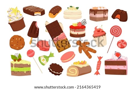 Set of different delicious pastry sweets. Confectionery products, cakes and cookies, ice cream and chocolate bar, piece of creamy cake, yummy desserts vector illustration
