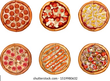 set of different delicious pizzas